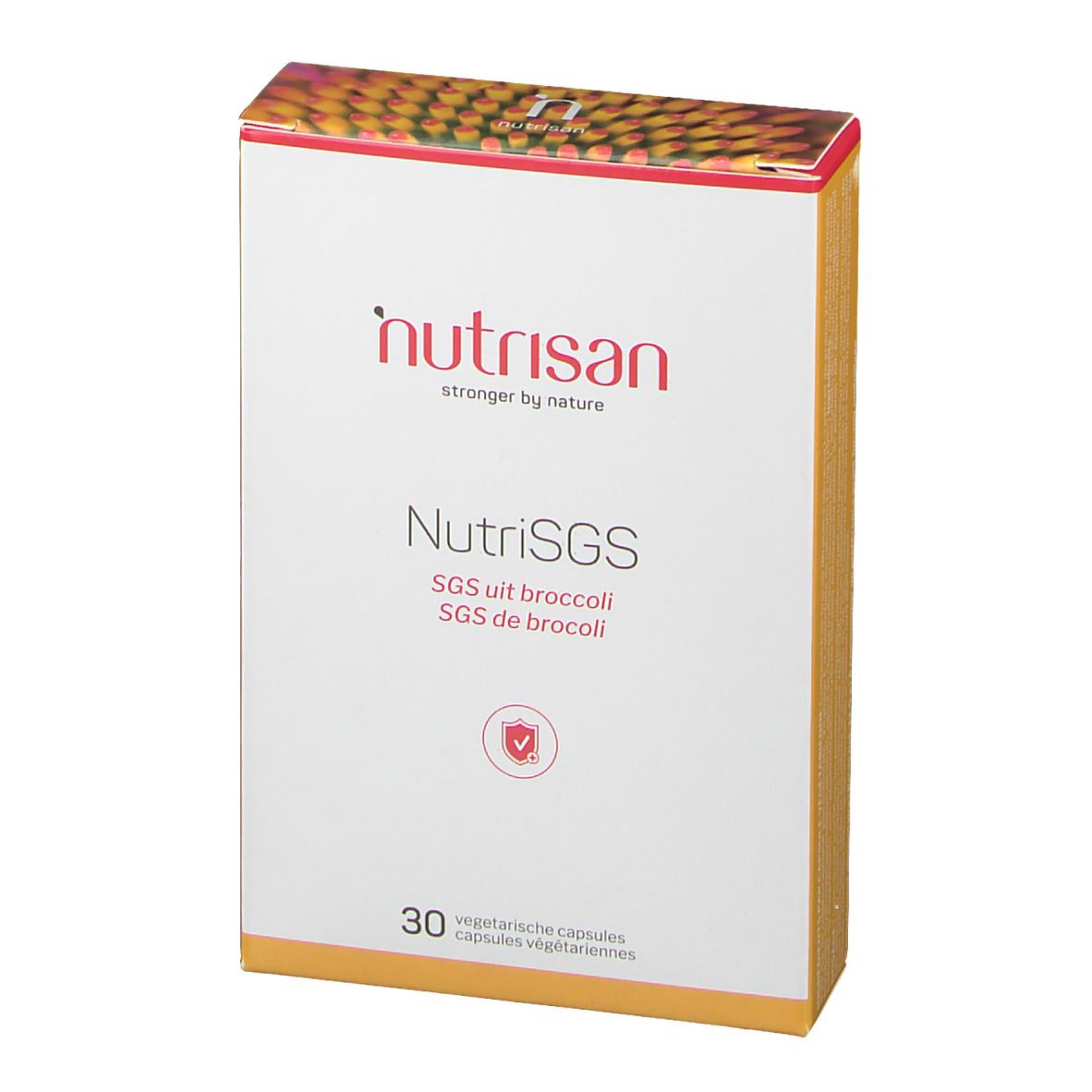 Confezione NutriSGS, SGS uit broccoli, SGS de broccoli. 30 capsule vegetariane. Marchio nutrisan. Logo di protezione.