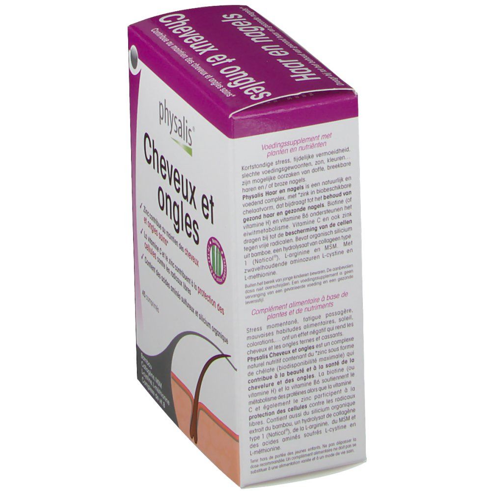 Scatola, vista di lato. Nome del prodotto e logo. Testo in francese e olandese. Illustrazione di capelli e pelle.