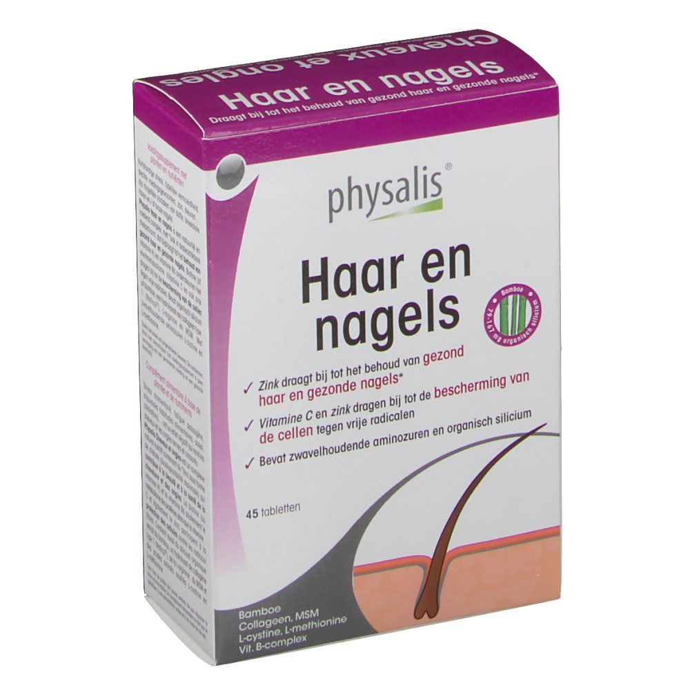 Scatola con nome del prodotto e logo. Testo in olandese. 45 compresse. Illustrazione di capelli e pelle.