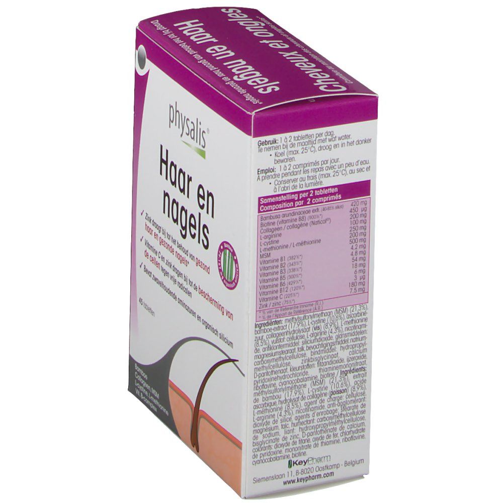 Scatola, vista di lato. Nome del prodotto e logo. Testo in olandese. Tabella nutrizionale. Illustrazione di capelli e pelle.