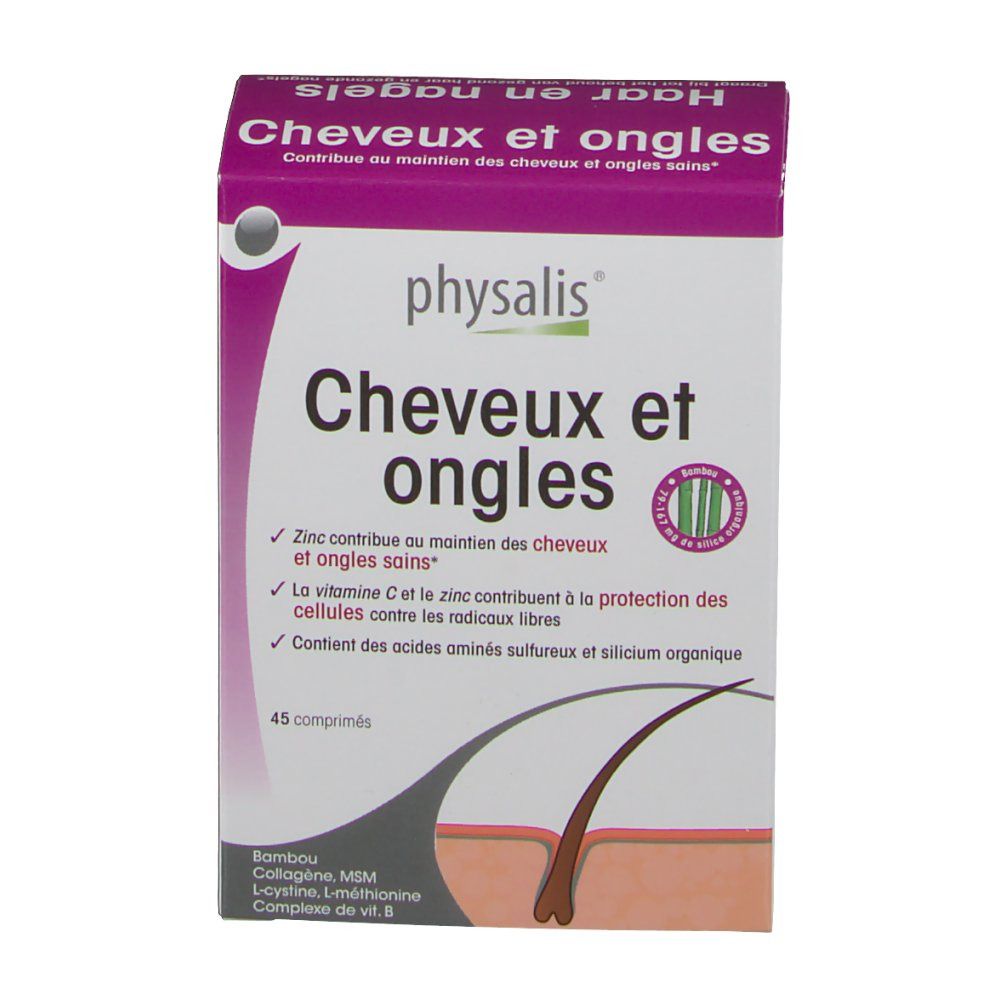 Scatola con nome del prodotto e logo. Testo in francese. 45 compresse. Illustrazione di capelli e pelle.