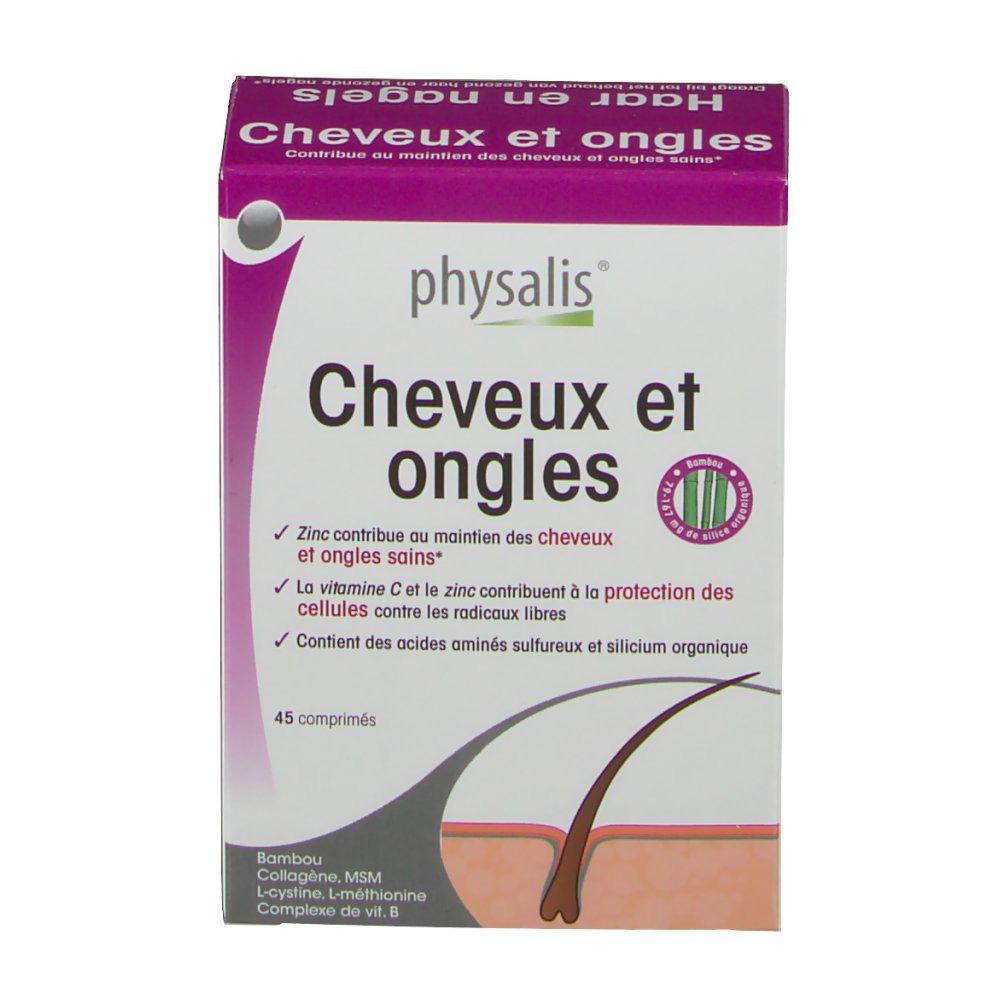 Scatola con nome del prodotto e logo. Testo in francese. 45 compresse. Illustrazione di capelli e pelle.