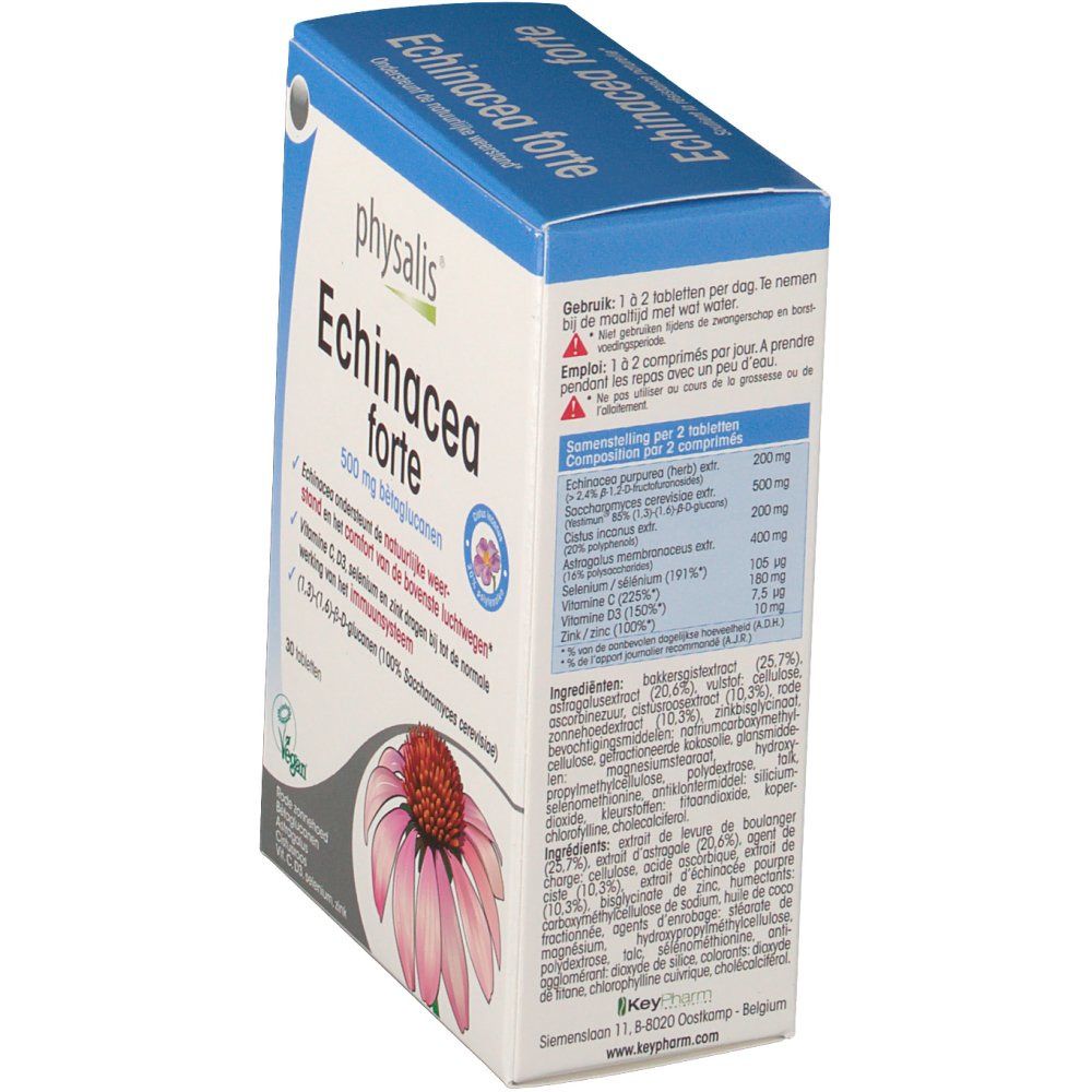 Scatola con nome del prodotto e informazioni. Illustrazione di fiore di echinacea. Sigillo vegano.