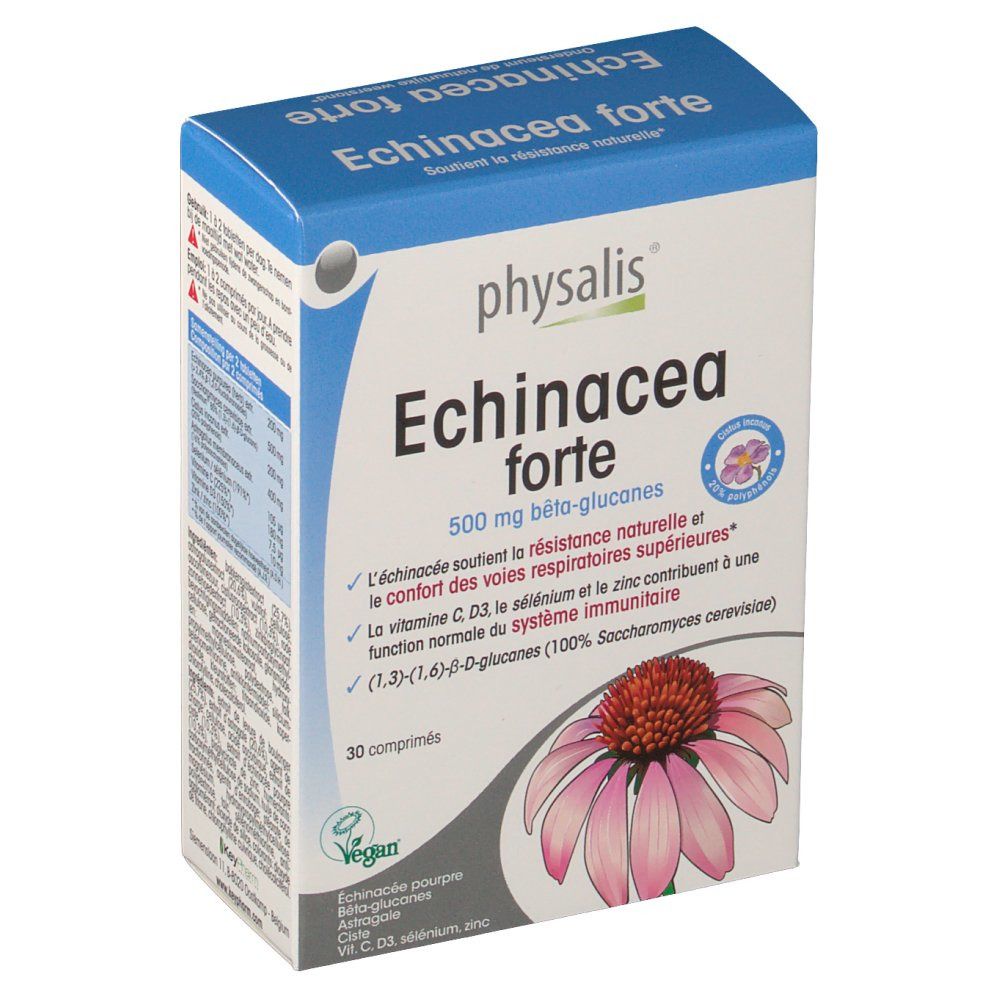 Confezione del prodotto con nome e informazioni. Illustrazione di fiore di echinacea. Sigillo vegano.