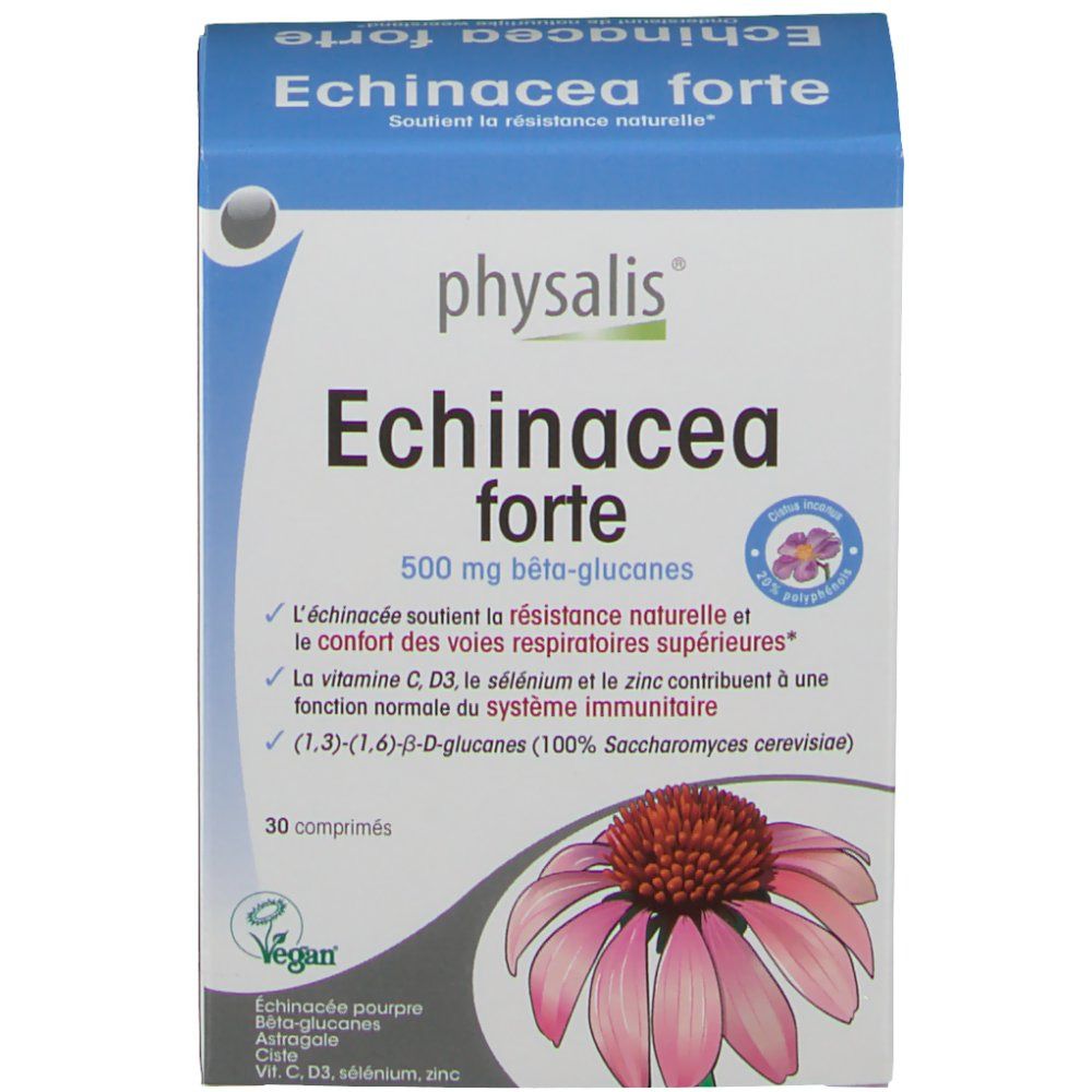 Confezione del prodotto con nome e informazioni. Illustrazione di fiore di echinacea. Sigillo vegano.
