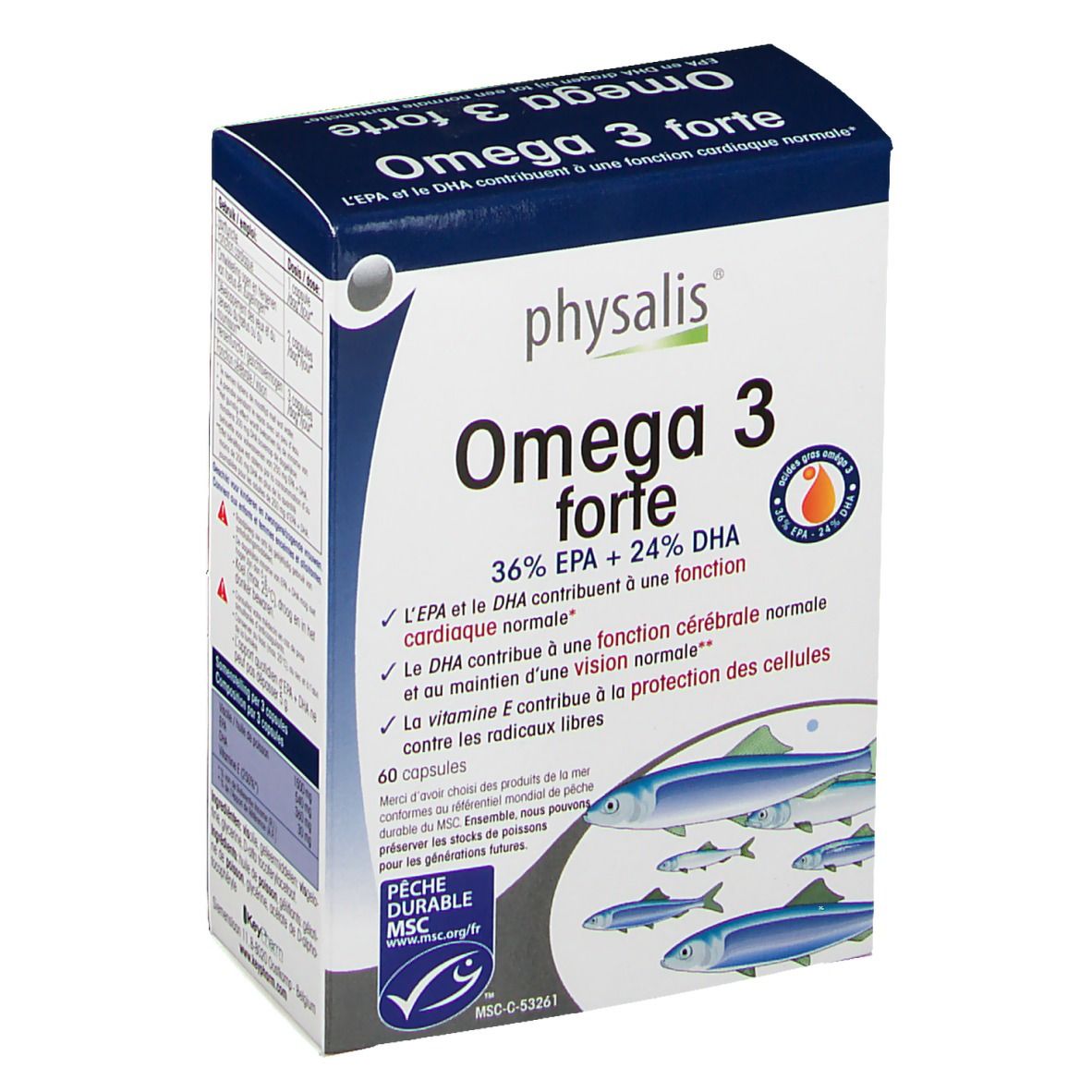Confezione di Physalis Omega 3 forte. Scatola blu e bianca con nome del prodotto e illustrazione di pesci. Contiene 60 capsule.