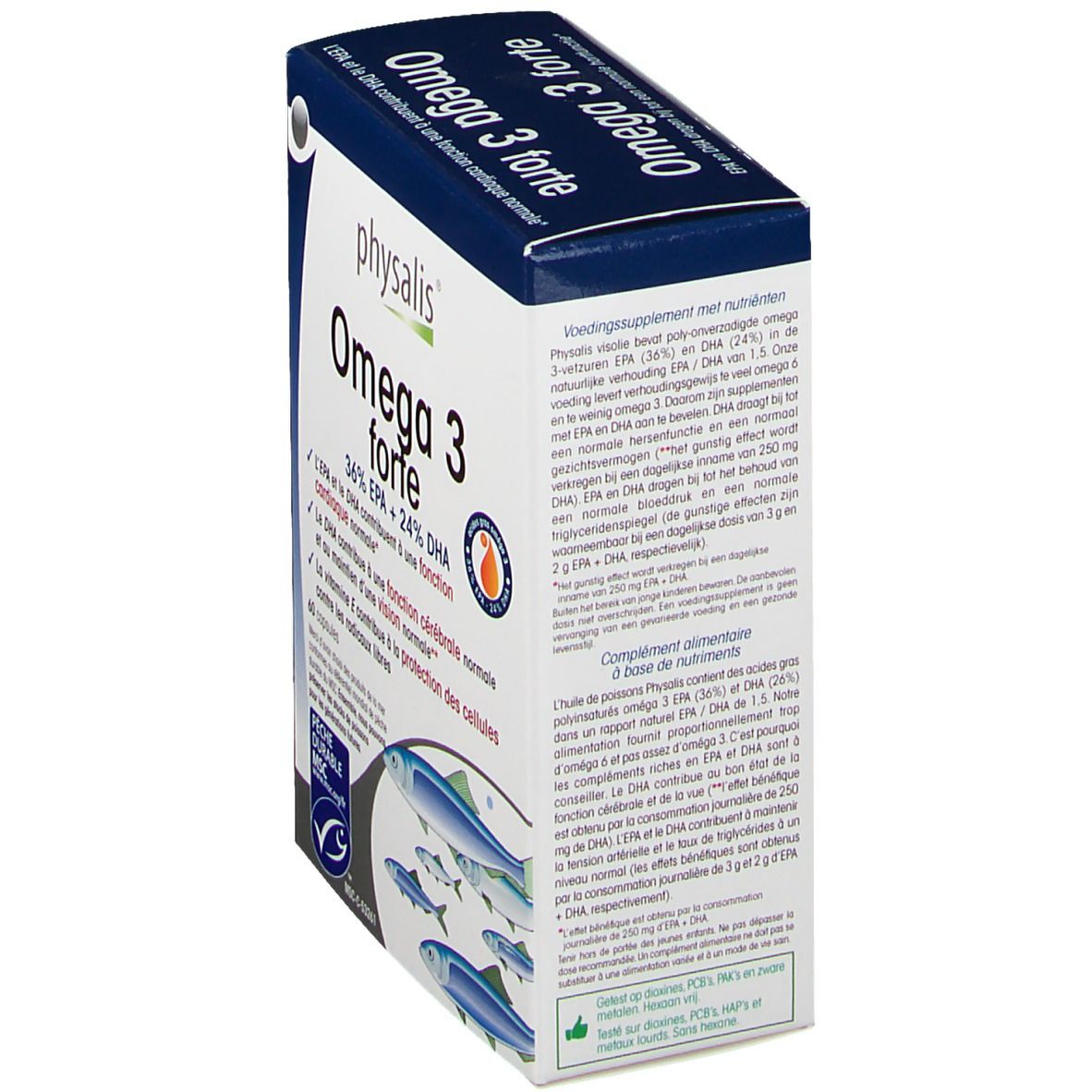 Vista obliqua della confezione di Physalis Omega 3 forte. Scatola blu e bianca con informazioni sul prodotto e illustrazione di pesci.