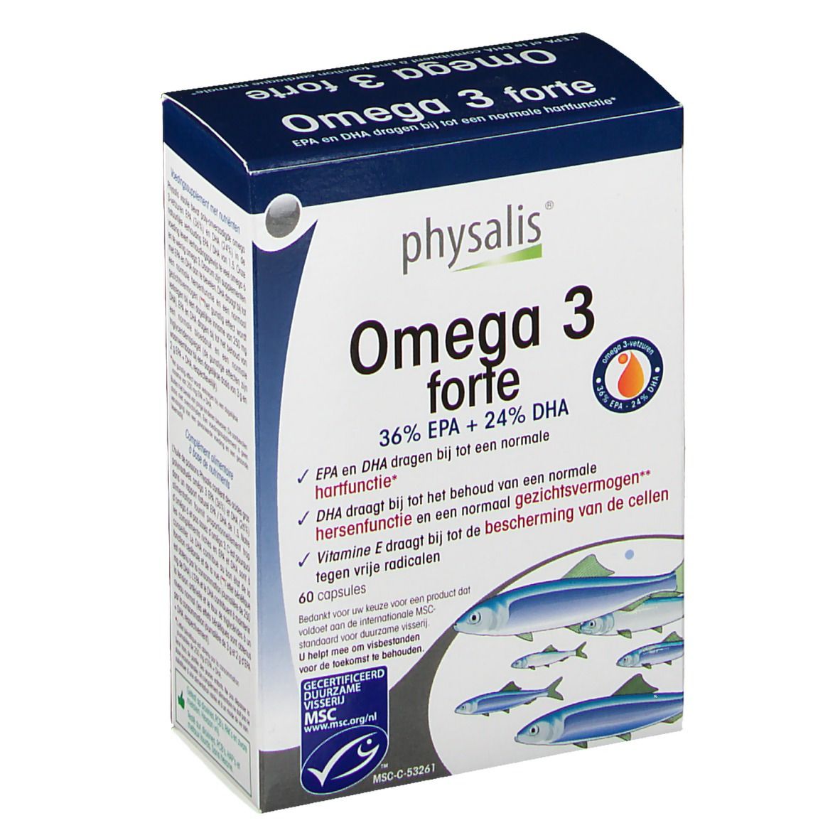 Confezione di Physalis Omega 3 forte. Scatola blu e bianca con nome del prodotto e illustrazione di pesci. Contiene 60 capsule.