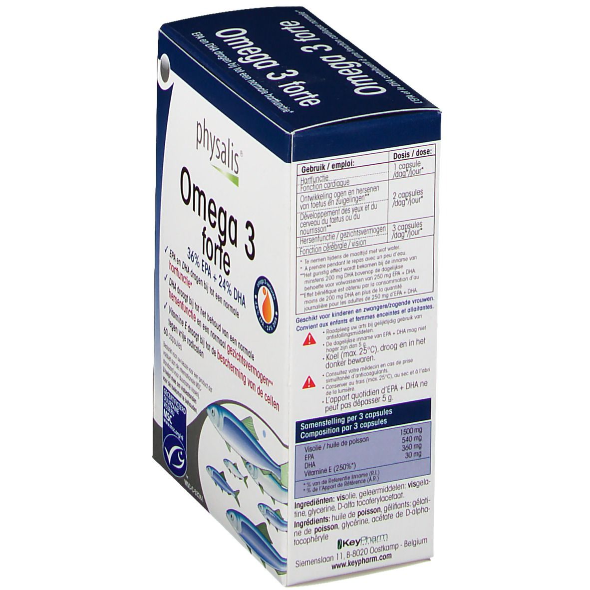 Confezione di Physalis Omega 3 forte. Scatola blu e bianca con informazioni sul prodotto e illustrazione di pesci. Contiene 60 capsule.