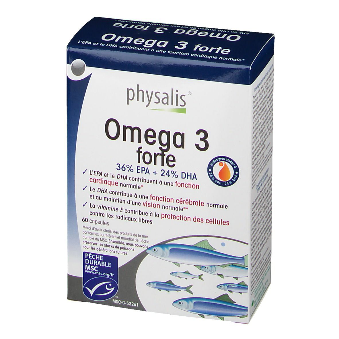 Confezione di Physalis Omega 3 forte. Scatola blu e bianca con nome del prodotto e illustrazione di pesci. Contiene 60 capsule.