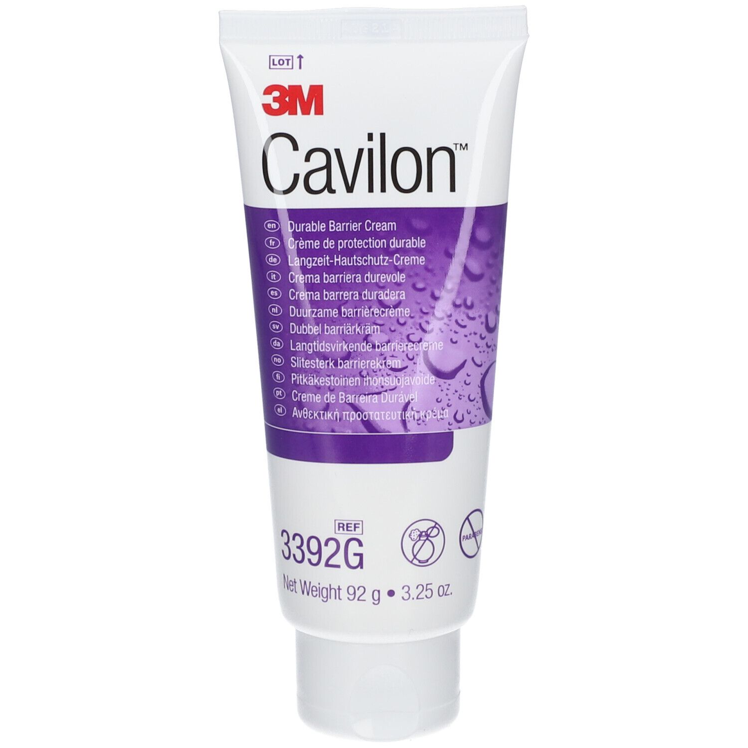 Tubo di Cavilon Crema Barriera. Logo 3M. Nome prodotto e diciture multilingue. Ref. 3392G. 92g.