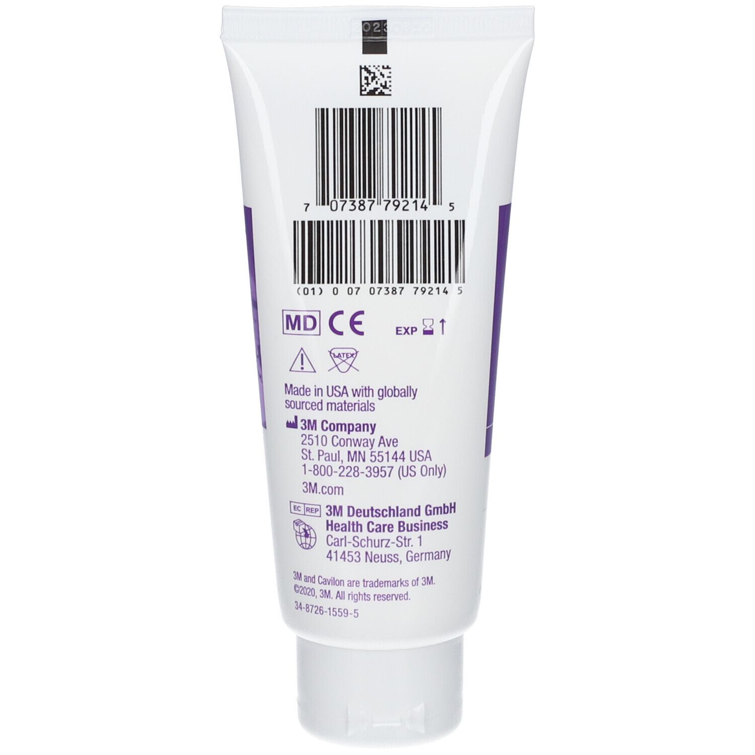 Retro del tubo di Cavilon Crema Barriera. Codice a barre, marchio MD, logo 3M e contatti.