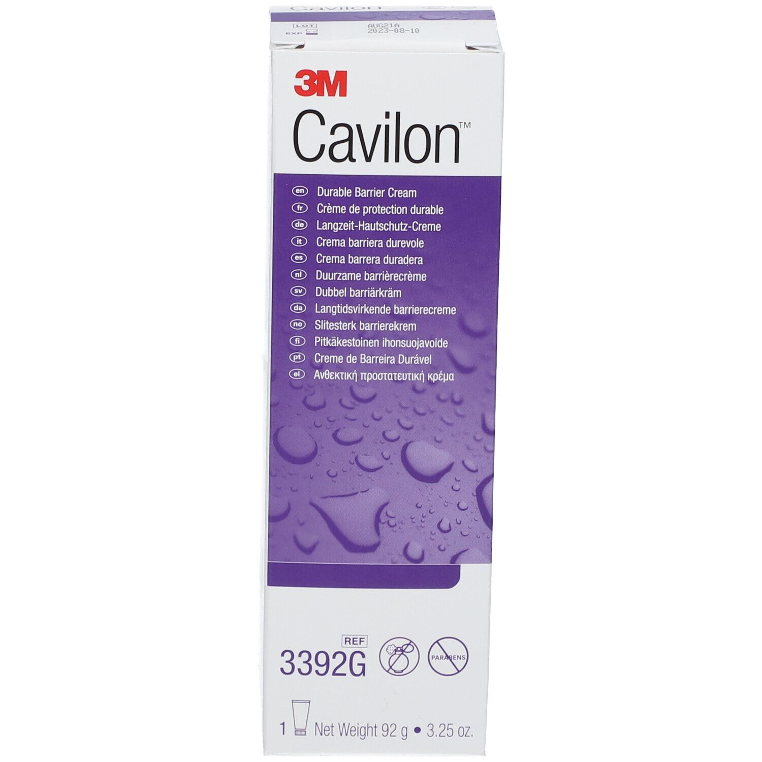 Scatola di Cavilon Crema Barriera. Logo 3M. Nome prodotto e diciture multilingue. Ref. 3392G.