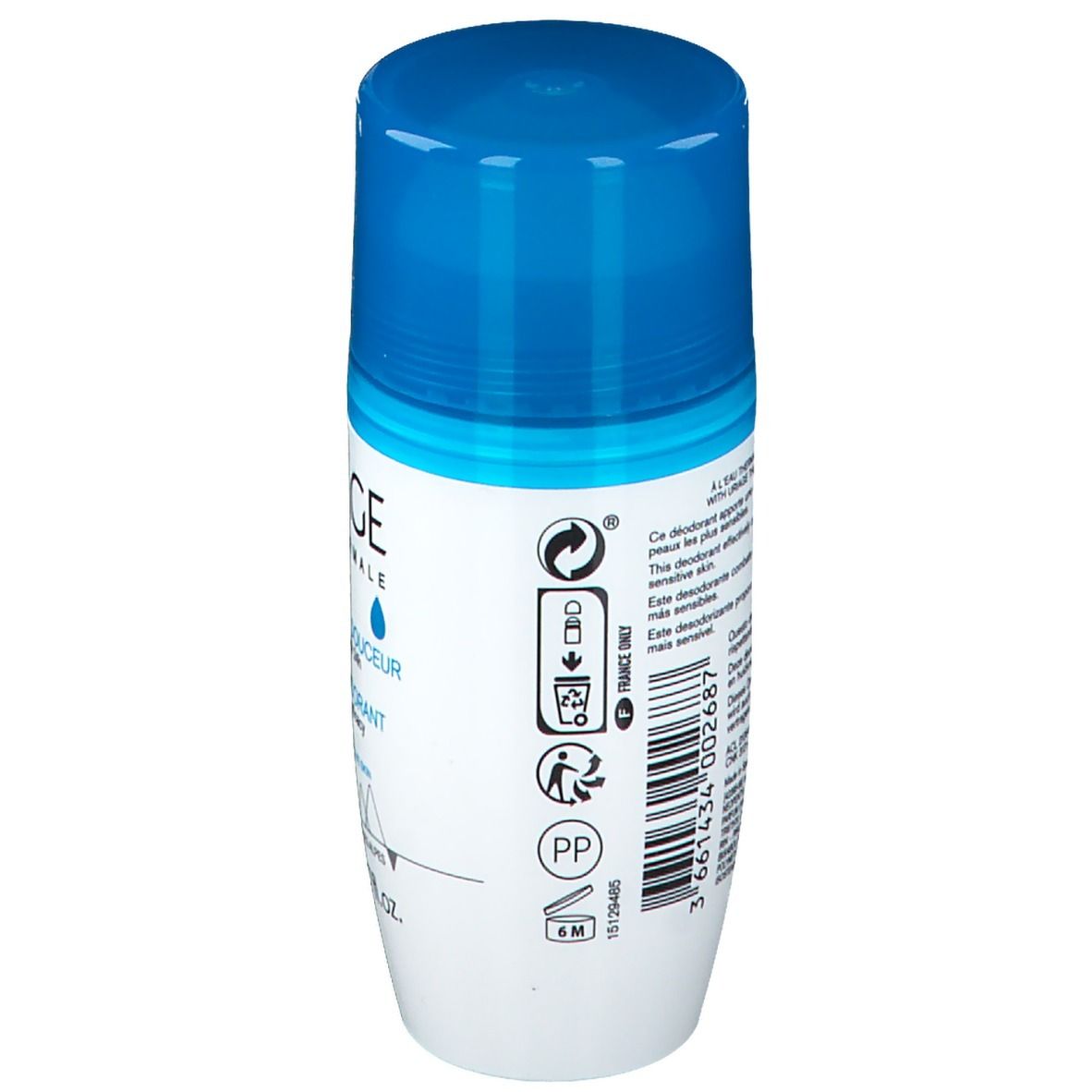 Deodorante roll-on. Flacone bianco con tappo blu. Logo Uriage e informazioni.
