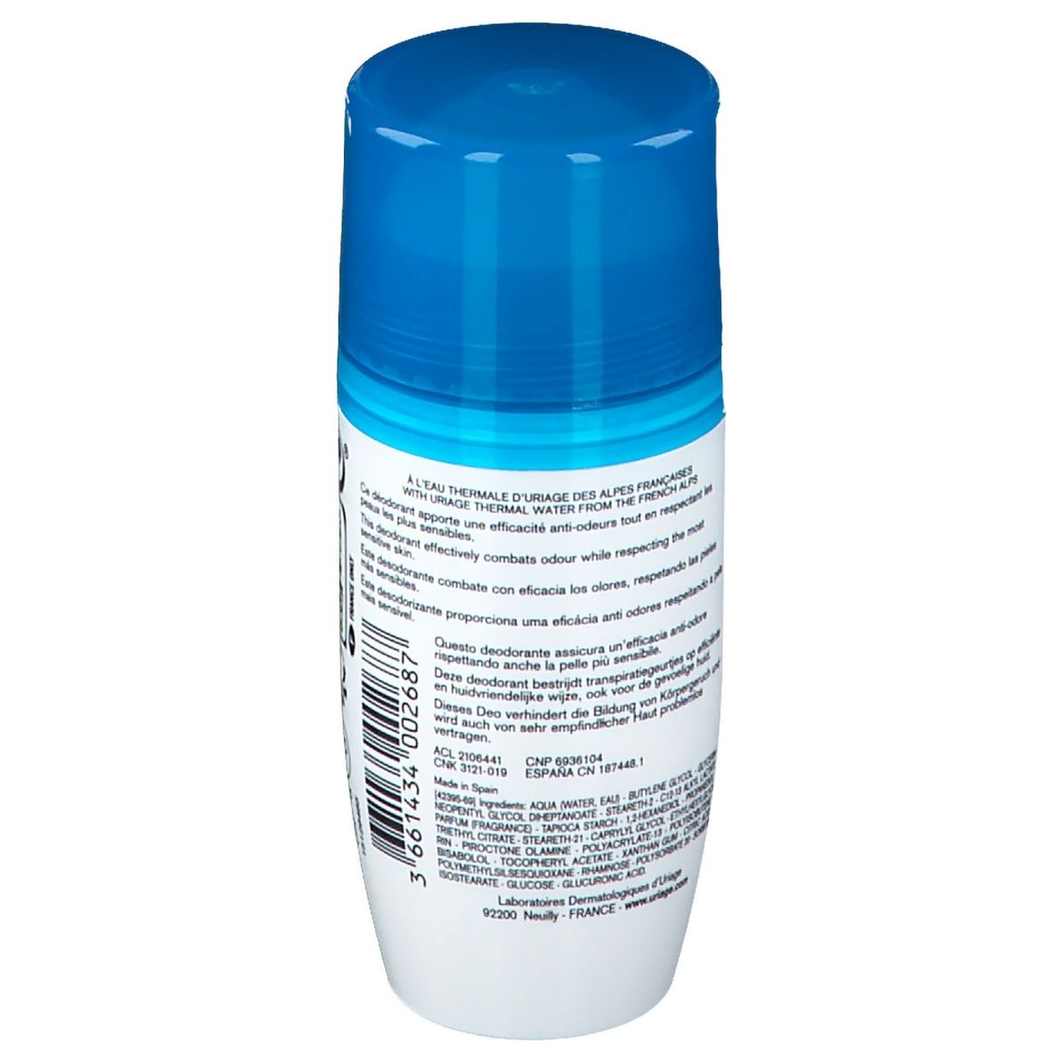 Deodorante roll-on. Flacone bianco con tappo blu. Logo Uriage e informazioni.