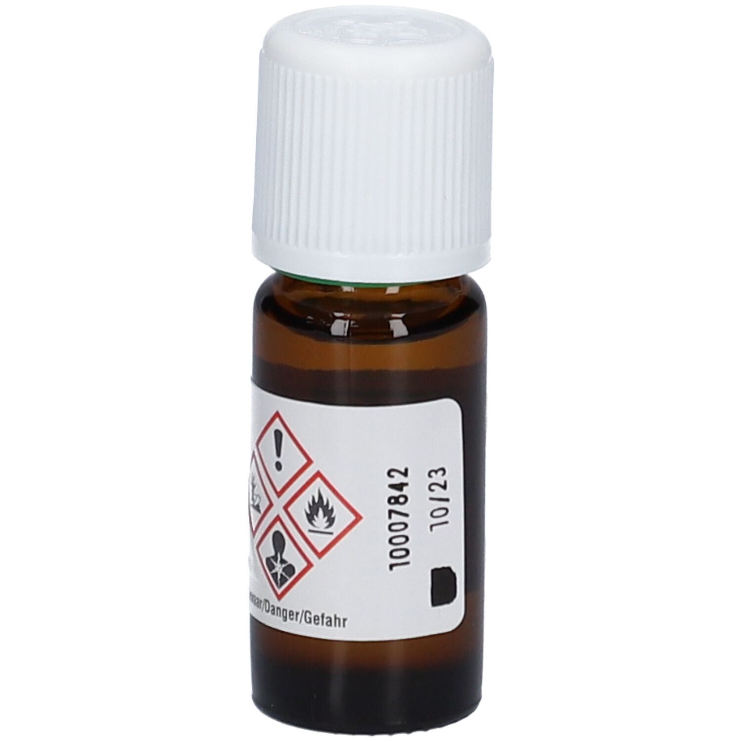 Flacone di vetro marrone con tappo a vite bianco. Etichetta con simboli di pericolo e data di scadenza. Avvertenze.
