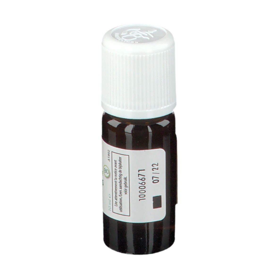 Flacone di vetro marrone con tappo bianco. Etichetta con testo e sigillo bio. Phytosun Arôms.
