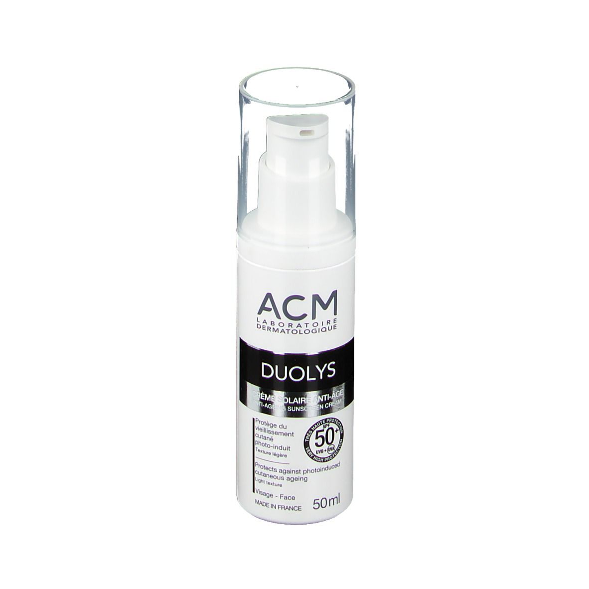 Flacone bianco con dosatore e tappo trasparente. Scritta: ACM, Duolys, SPF 50+. 50ml.