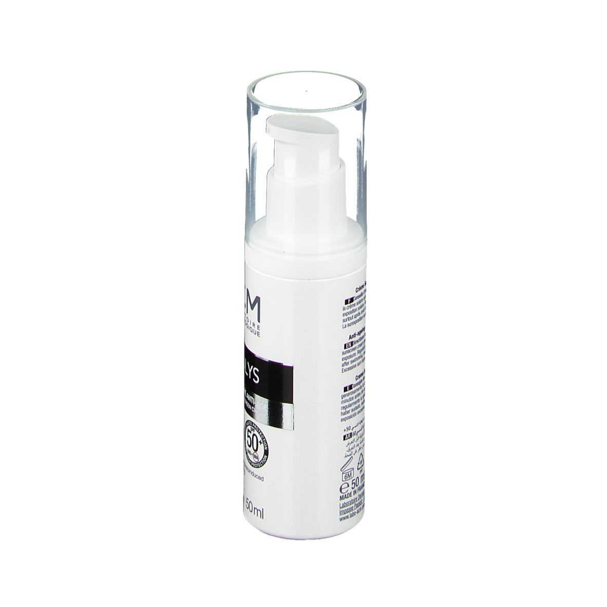 Flacone bianco con dosatore e tappo trasparente. Scritta: ACM, Duolys, SPF 50+. 50ml.