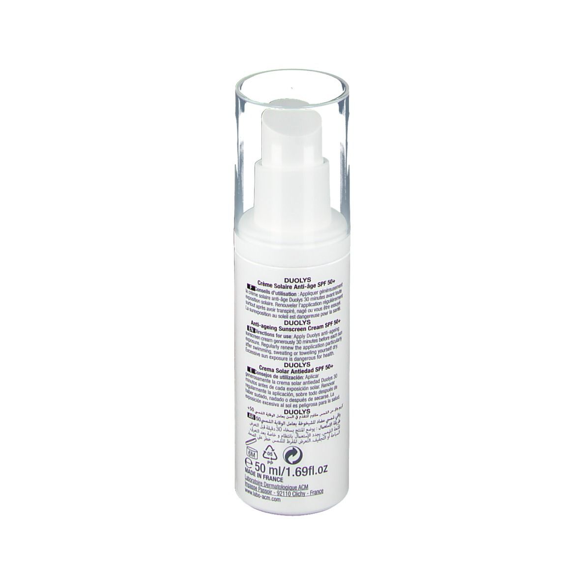Flacone bianco con dosatore e tappo trasparente. Scritta: ACM, Duolys, SPF 50+. 50ml.