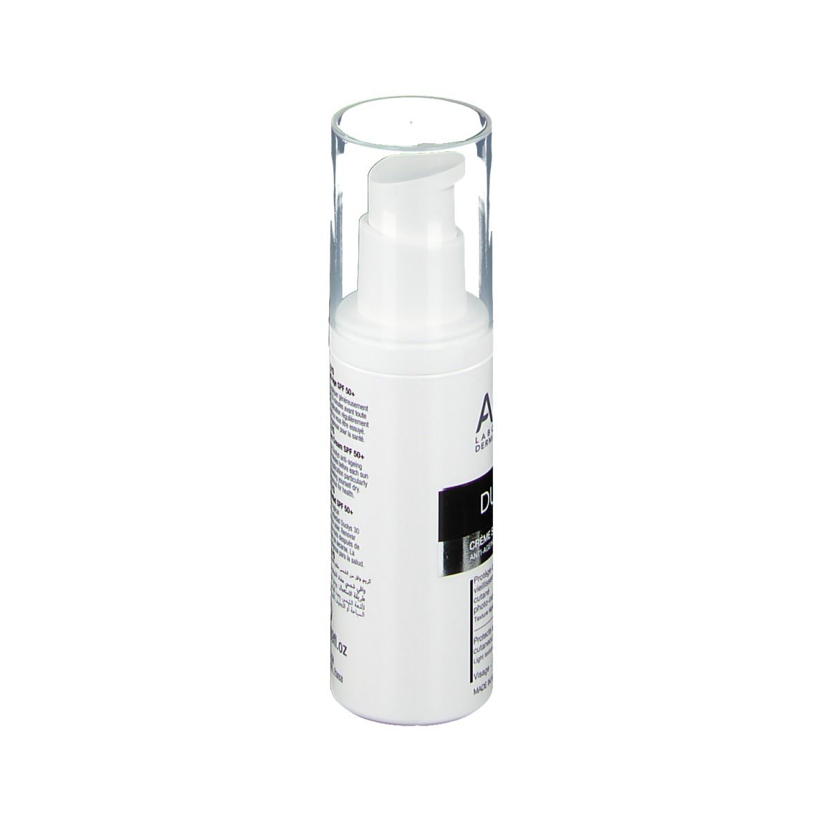 Flacone bianco con dosatore e tappo trasparente. Scritta: ACM, Duolys, SPF 50+. 50ml.
