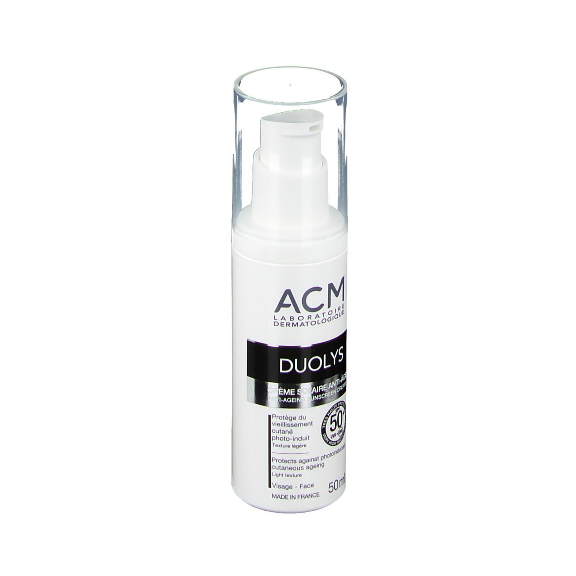Flacone bianco con dosatore e tappo trasparente. Scritta: ACM, Duolys, SPF 50+. 50ml.