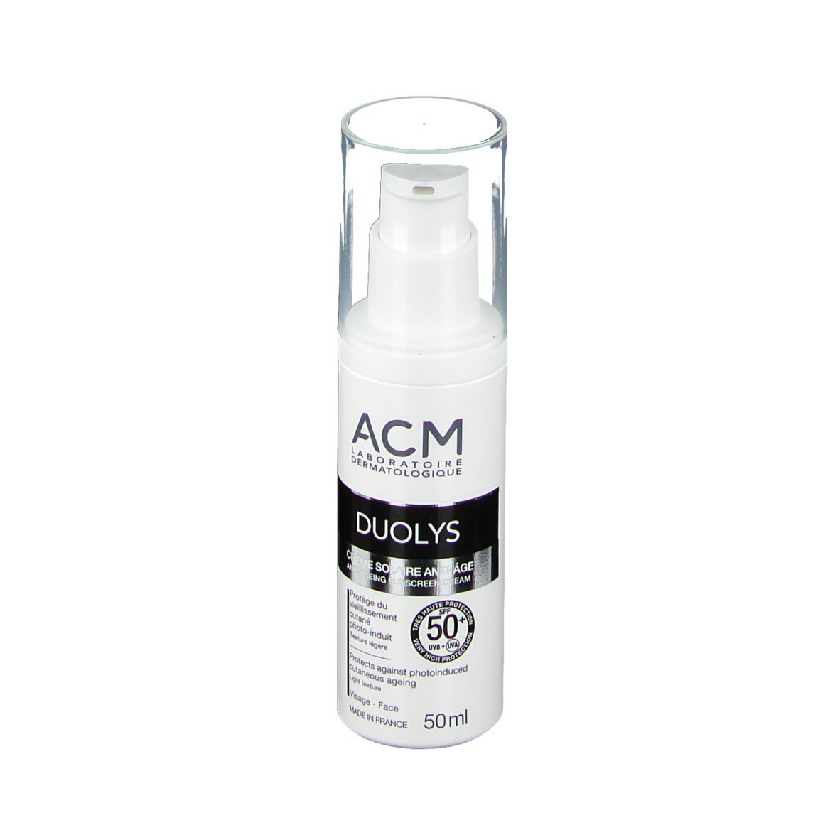 Flacone bianco con dosatore e tappo trasparente. Scritta: ACM, Duolys, SPF 50+. 50ml.