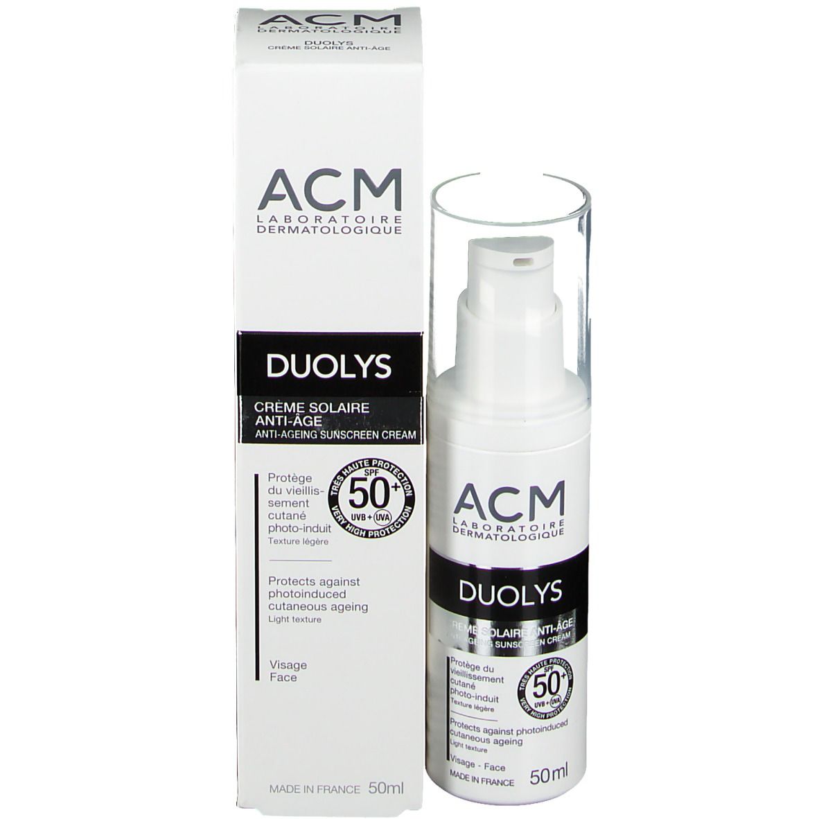 Confezione e flacone. Scritta: ACM, Duolys, SPF 50+. 50ml. Con confezione.