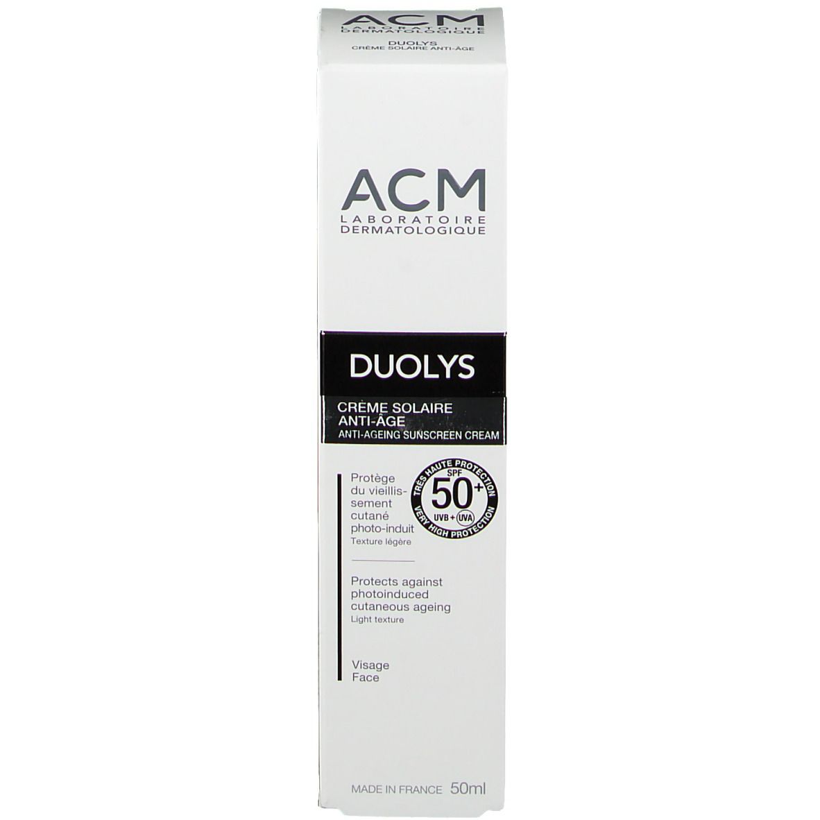 Confezione del prodotto. Scritta: ACM, Duolys, SPF 50+. Con confezione.