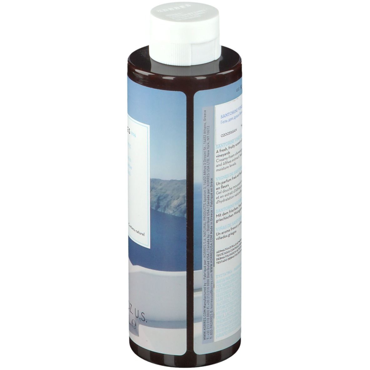 Gel doccia KORRES Santorini. Flacone con etichetta e testo. Retro con ingredienti e testo.