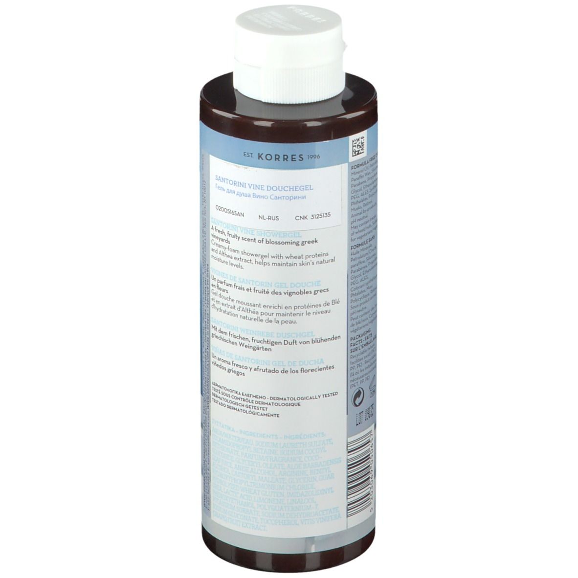 Gel doccia KORRES Santorini. Flacone con etichetta e testo. Retro con ingredienti e testo.