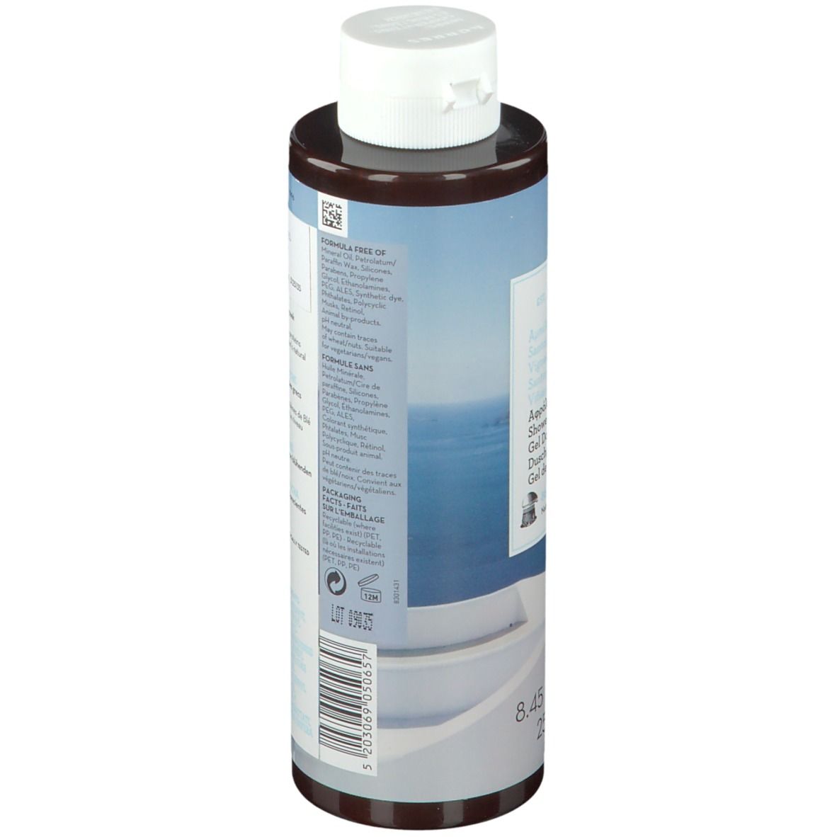 Gel doccia KORRES Santorini. Flacone con etichetta e testo. Retro con ingredienti e testo.
