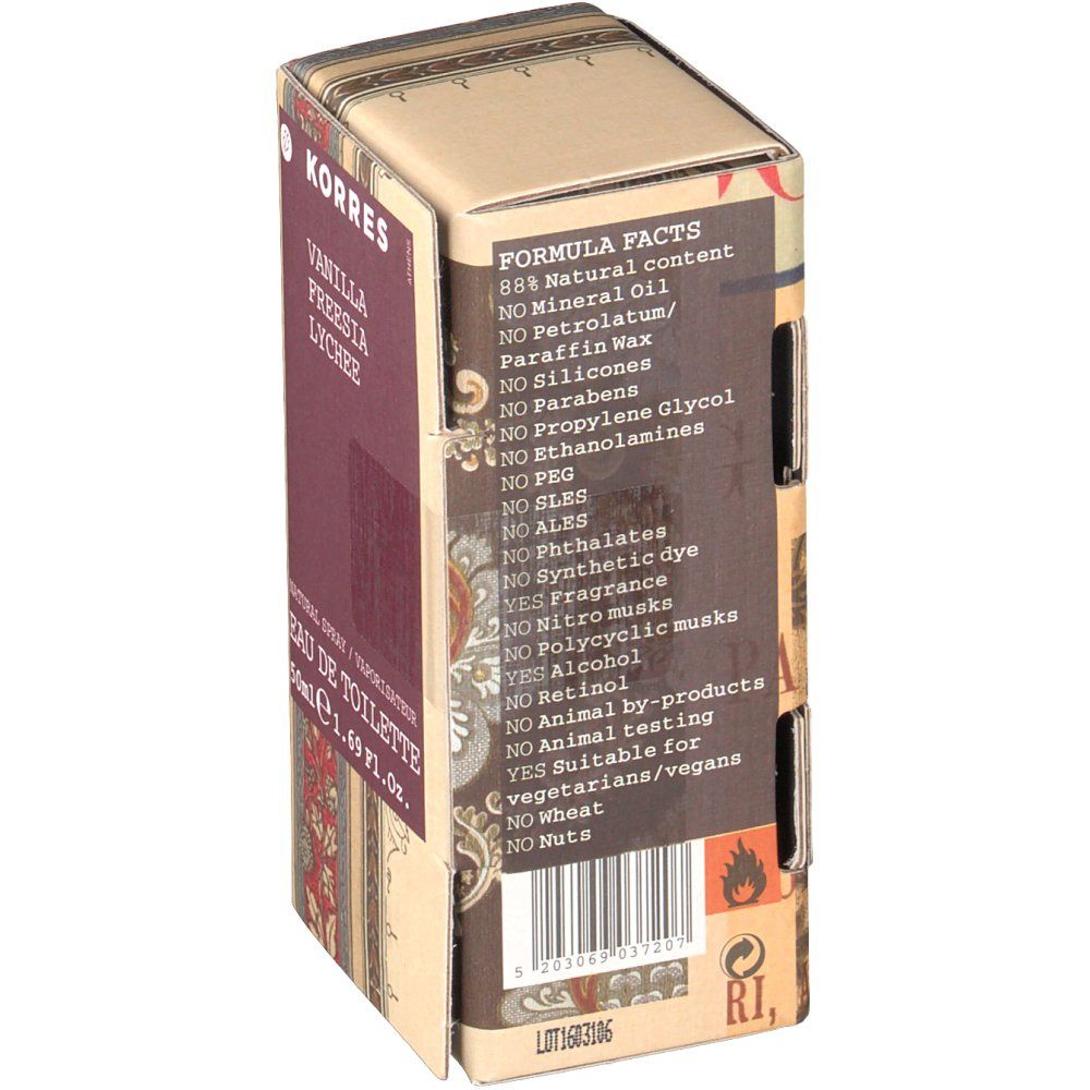 Confezione in cartone con informazioni sul prodotto. Scritte: KORRES, Vaniglia/Fresia/Lychee. Contiene elenco ingredienti e dati formula.