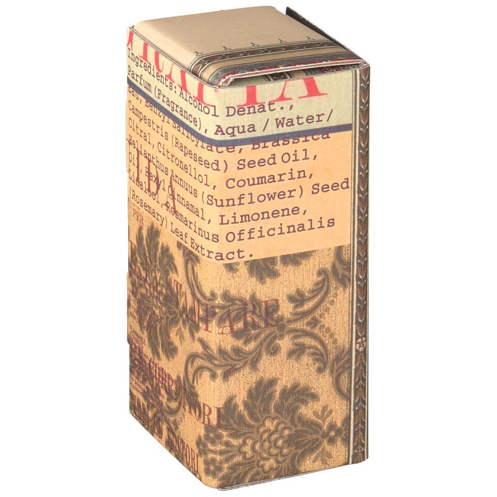 Confezione in cartone con informazioni sul prodotto. Scritte: Ingredienti, Alcool, Parfum. Motivo decorativo marrone e beige.