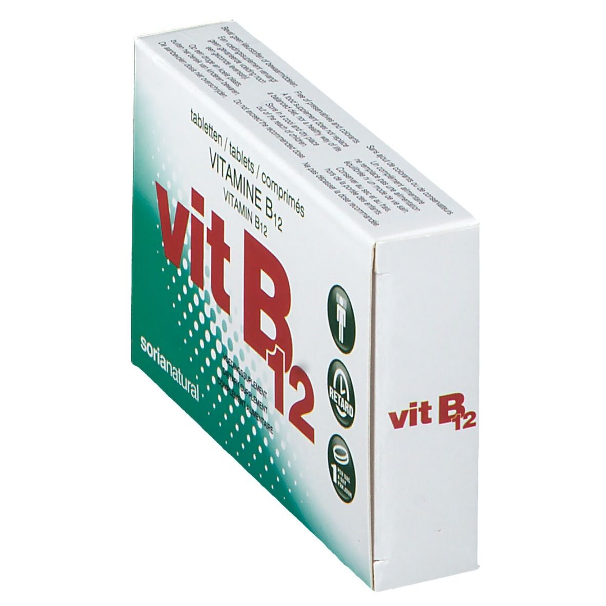 Scatola di compresse Vit B12, in diagonale. Scritta: Vitamina B12. Marca: Soria Natural. Scatola verde e bianca.