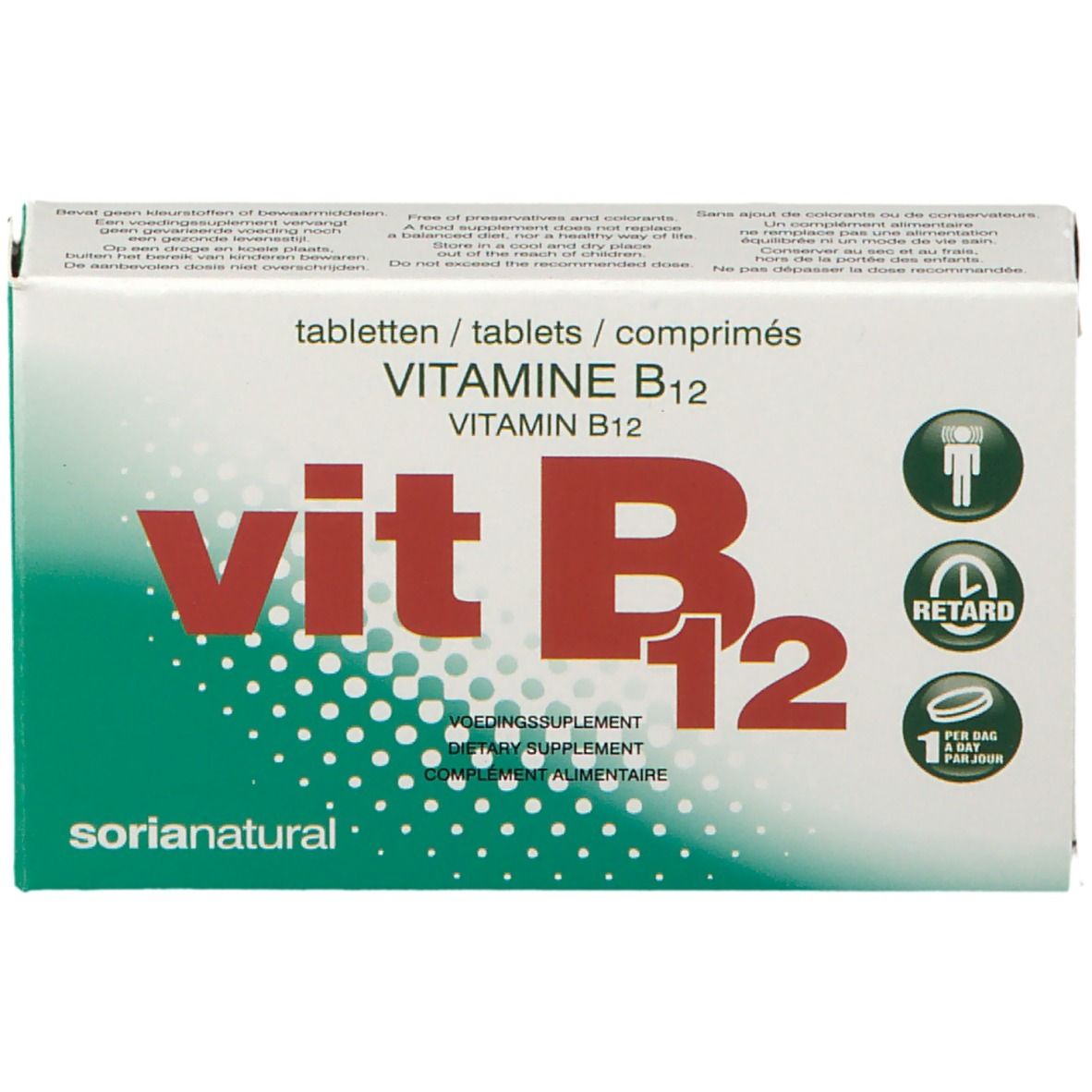 Confezione di compresse. Scritta: Vit B12, Vitamina B12. Marca: Soria Natural. Scatola verde e bianca.