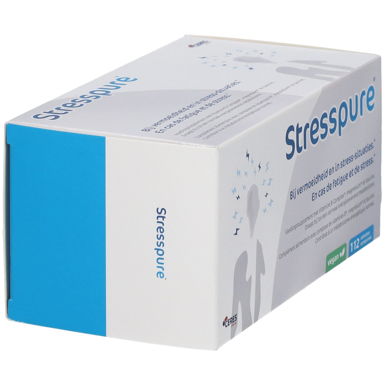 Scatola Stresspure ®. Lato blu. Testo: In caso di affaticamento e stress. 112 compresse.