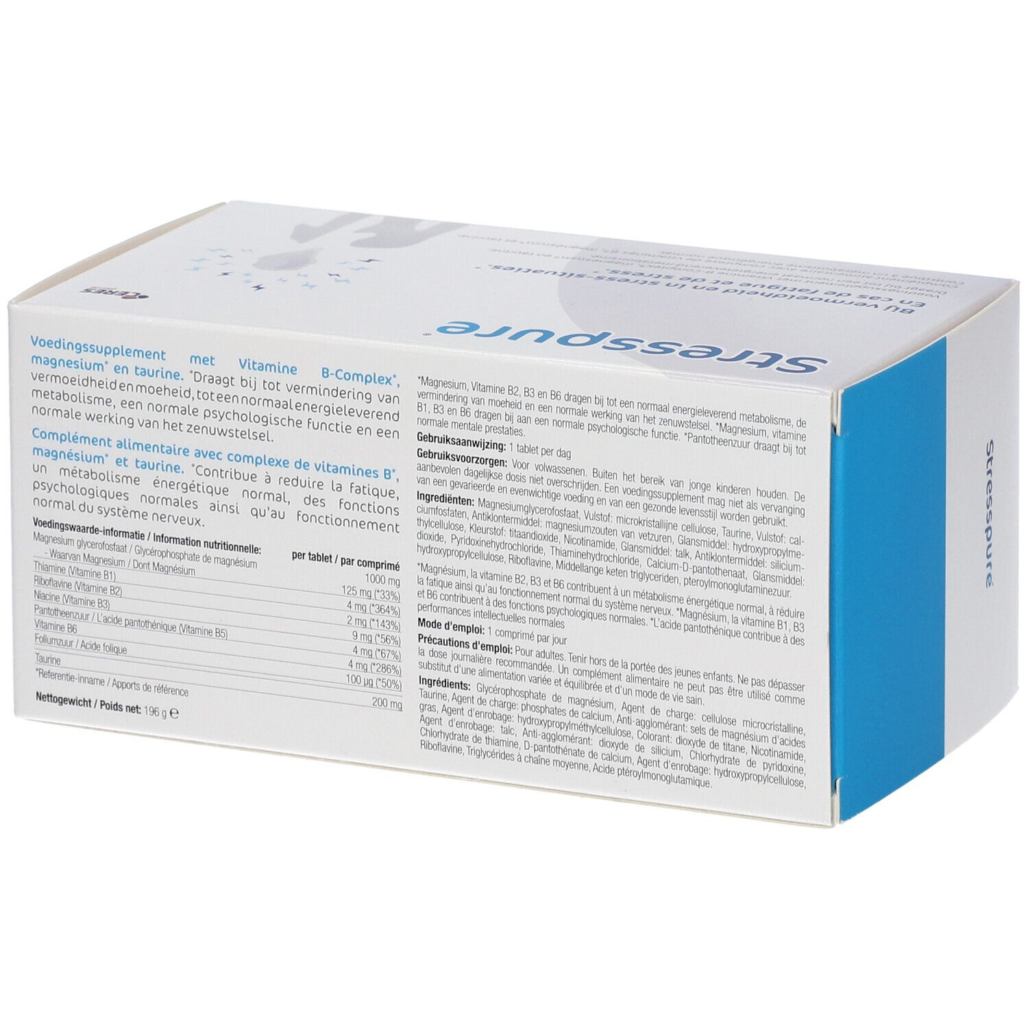Retro della scatola Stresspure ®. Testo: Integratore alimentare con vitamina B-Complex. Ingredienti.