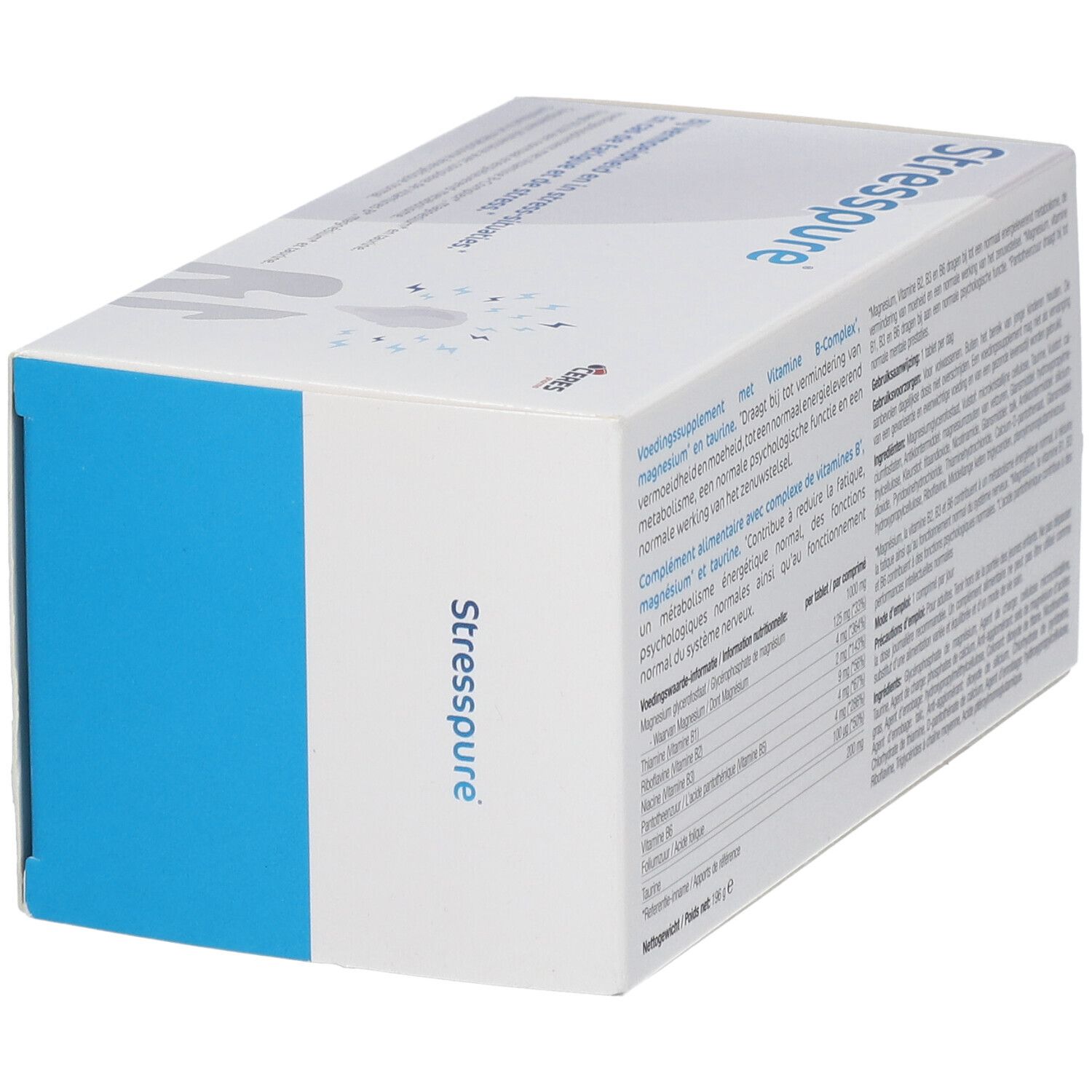 Retro della scatola Stresspure ®. Testo: Integratore alimentare con vitamina B-Complex. Ingredienti.