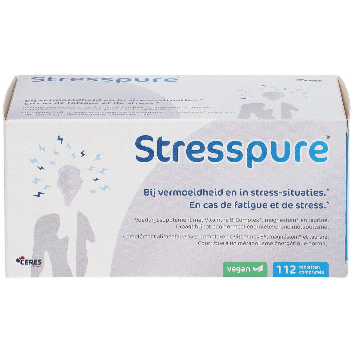 Scatola bianca Stresspure ®. Testo: In caso di affaticamento e stress. Logo vegano. 112 compresse.