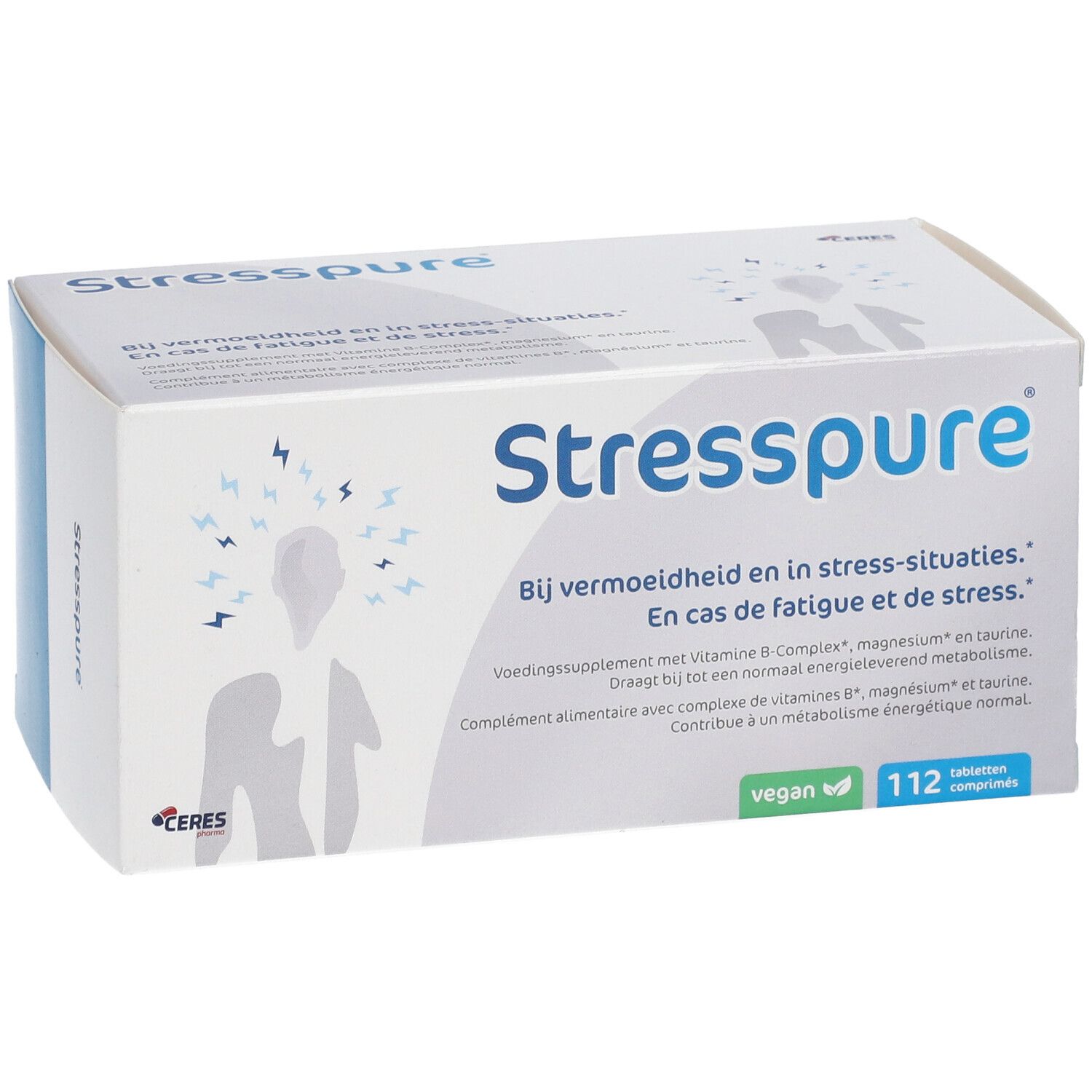 Scatola bianca Stresspure ®. Testo: In caso di affaticamento e stress. Logo vegano. 112 compresse.