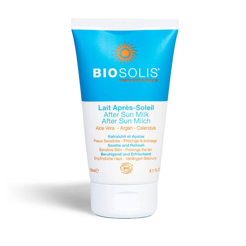 Tubo di After Sun Milk. Tappo bianco, logo BIO SOLIS. Testo: Lait Après-Soleil, After Sun Milk. Ingredienti: Aloe Vera, Argan, Calendula.