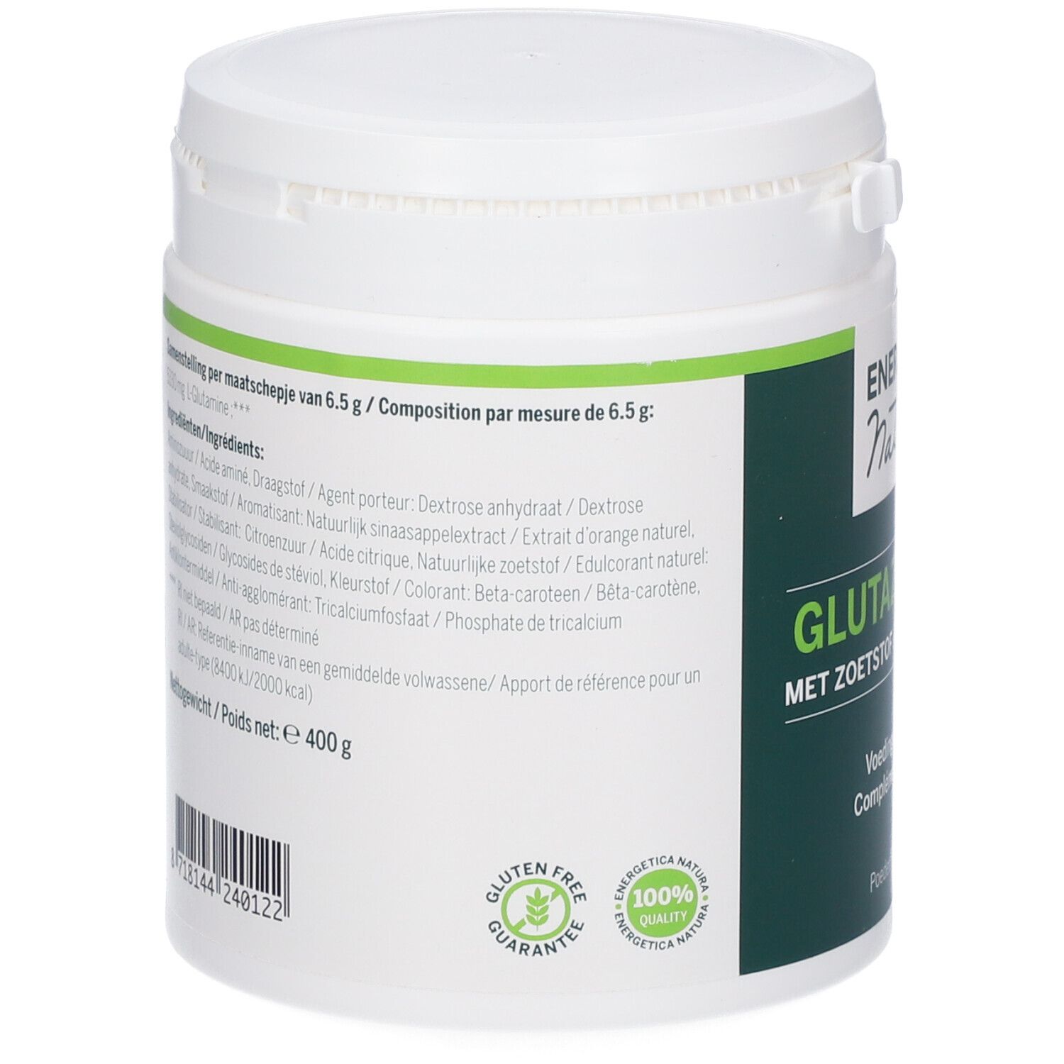 Contenitore bianco con etichetta verde. Testo: ENERGETICA NATURA GLUTAZOL 5000, Gluten Free, 100% Quality. Contenuto: 400 g.