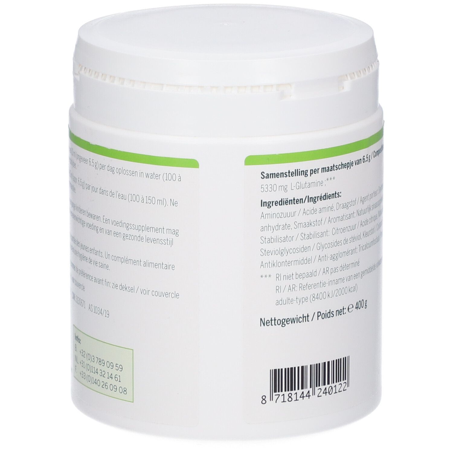 Contenitore bianco con etichetta verde. Testo: ENERGETICA NATURA, Ingredienti, Peso netto 400 g. Codice a barre.