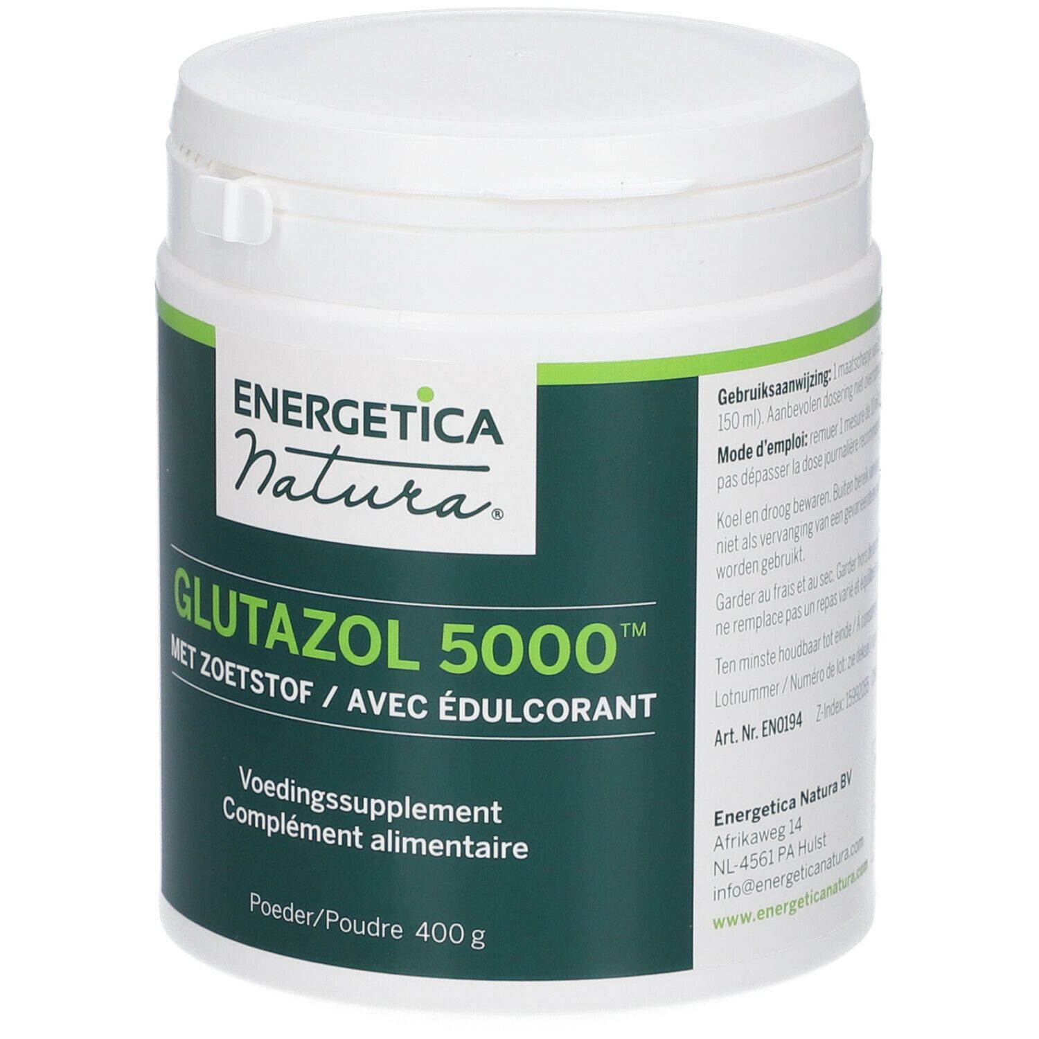 Contenitore bianco con etichetta verde. Testo: ENERGETICA NATURA GLUTAZOL 5000, MET ZOETSTOF / AVEC ÉDULCORANT, Integratore alimentare, 400 g.