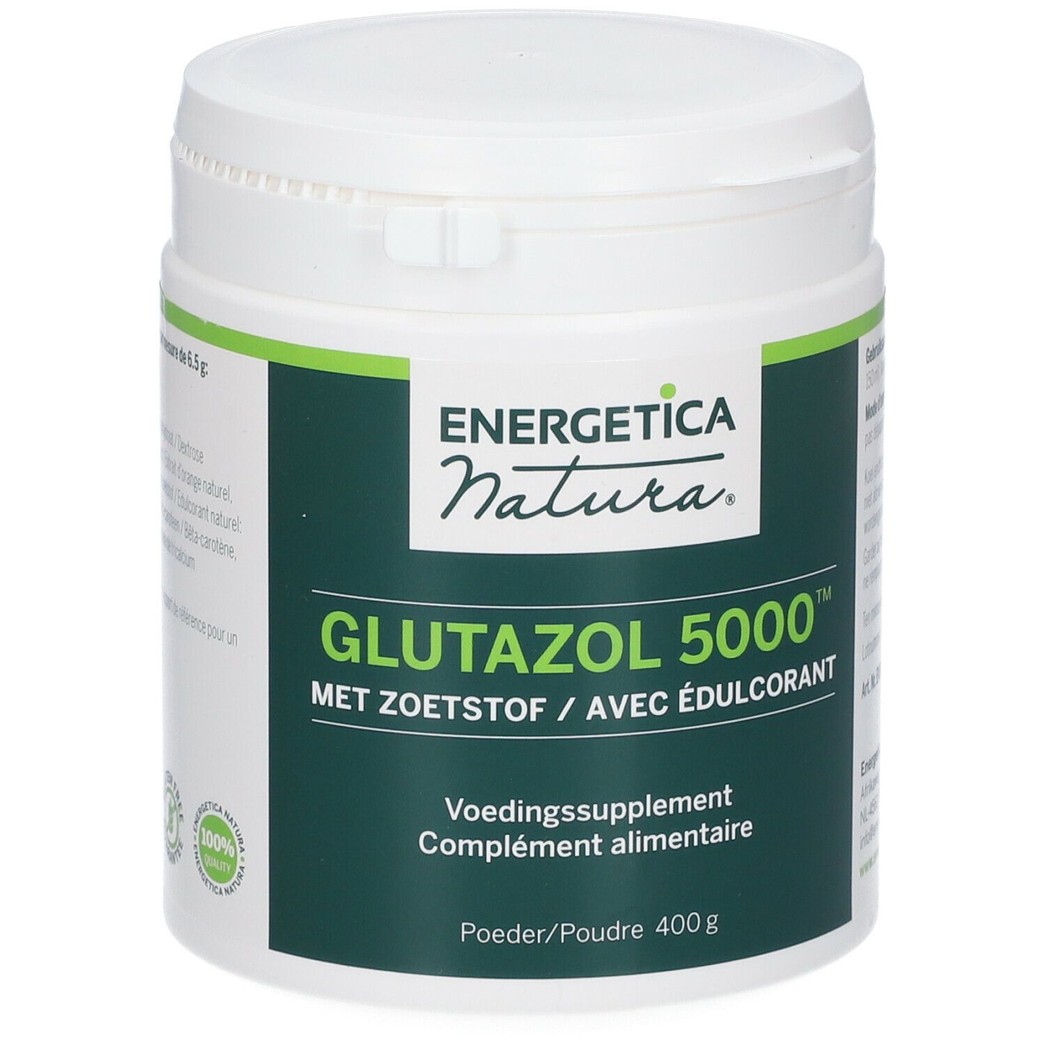 Contenitore bianco con etichetta verde. Testo: ENERGETICA NATURA GLUTAZOL 5000, MET ZOETSTOF / AVEC ÉDULCORANT, Integratore alimentare, 400 g.