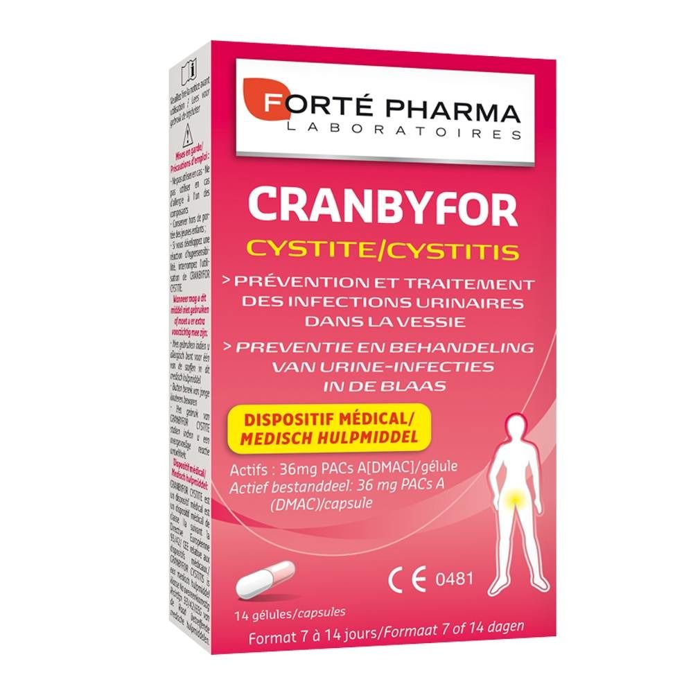 Confezione di CRANBYFOR, testo in francese e olandese. Dispositivo medico con marchio CE. Contiene capsule.