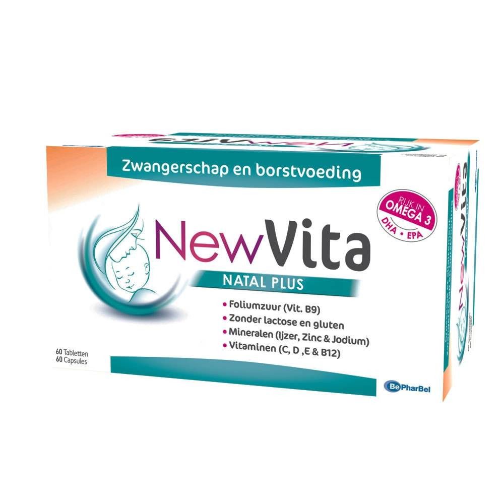 Confezione "NewVita Natal Plus". Scritta "Zwangerschap en borstvoeding". Contiene acido folico, minerali, vitamine. Ricco di Omega 3.