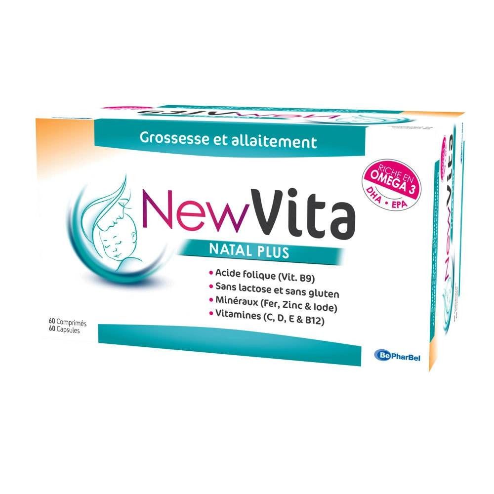 Confezione "NewVita Natal Plus". Scritta "Grossesse et allaitement". Contiene acido folico, minerali, vitamine. Ricco di Omega 3.