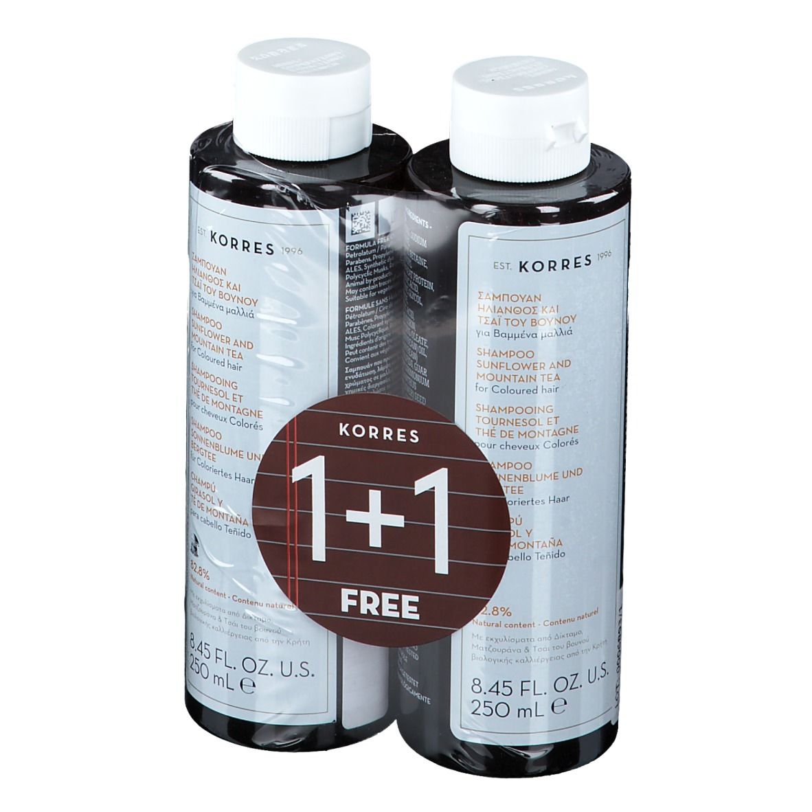 Due flaconi di shampoo. Adesivo "1+1 gratis". Flaconi neri, tappi bianchi. Testo: KORRES, Girasole & Tè di Montagna.
